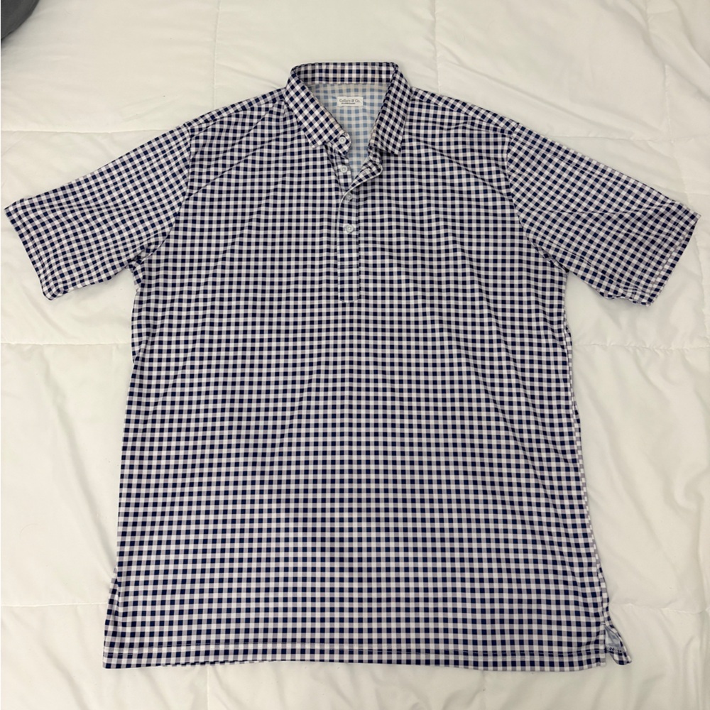collars & co. navy blue and white gingham print half button shirt